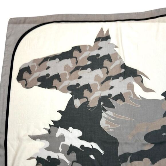 RANI ARABELLA Horse Racing Scarf Shawl Beige Taupe Cashmere Silk Wool ITALY 51” - Picture 2 of 15